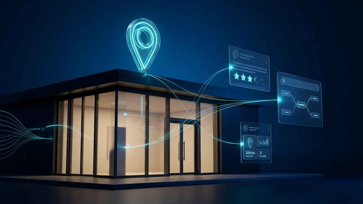 Perfil da Empresa no Google e Inteligência Artificial conectados a buscas locais e mapa digital — SP Soluções Digitais